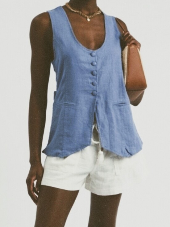 Free People Tops - Free People Millie Sleeveless Denim Gray Linen Blend Button Front Shirt Vest